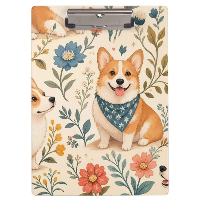 Niedlicher Corgi-Blumengarten-Muster Klemmbrett (Vorderseite)