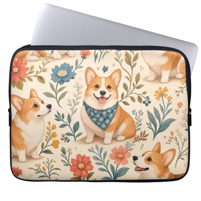 Niedlicher Corgi-Blumengarten-Muster Laptopschutzhülle (Vorderseite)
