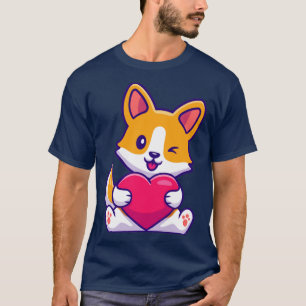 Niedlicher Corgi Dog Holding Heart Cartoon T-Shirt
