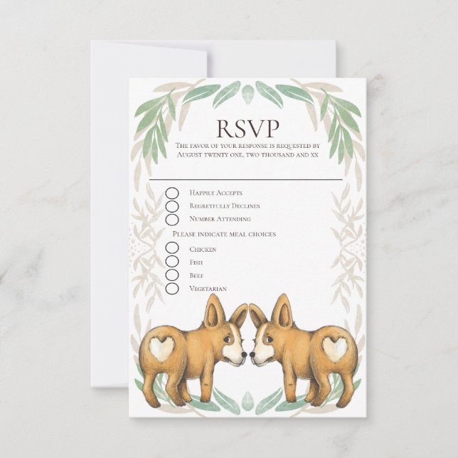 Niedlicher Corgi Dog Two Grooms Gay Wedding RSVP Karte (Vorderseite)