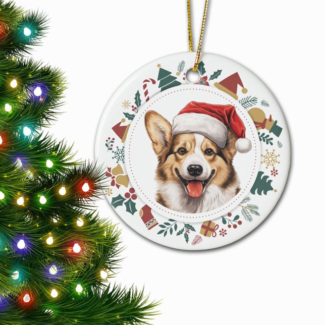 Niedlicher Corgi Dog Weihnachtskranz Keramik Ornament (Von Creator hochgeladen)