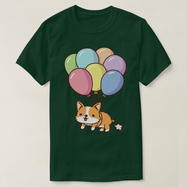 Niedlicher Corgi-Flug mit Regenbogenballons T-Shirt (Design vorne)