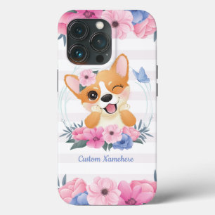 Niedlicher Corgi Hund Blume Wreath Blue Butterfly Case-Mate iPhone Hülle