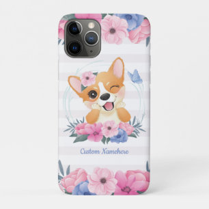 Niedlicher Corgi Hund Blume Wreath Blue Butterfly  Case-Mate iPhone Hülle
