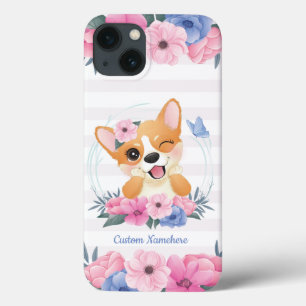 Niedlicher Corgi Hund Blume Wreath Blue Butterfly  Case-Mate iPhone Hülle