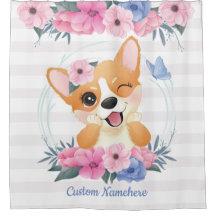 Niedlicher Corgi Hund Blume Wreath Blue Butterfly