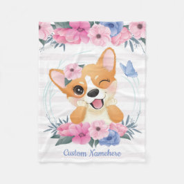 Niedlicher Corgi Hund Blume Wreath Blue Butterfly  Fleecedecke