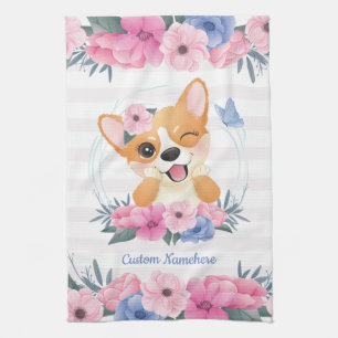 Niedlicher Corgi Hund Blume Wreath Blue Butterfly Geschirrtuch