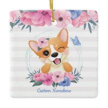 Niedlicher Corgi Hund Blume Wreath Blue Butterfly