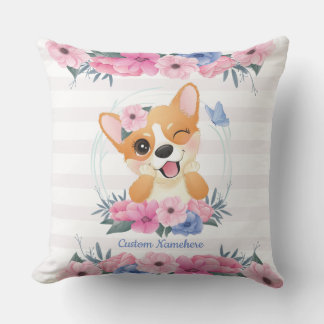 Niedlicher Corgi Hund Blume Wreath Blue Butterfly Kissen