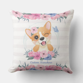 Niedlicher Corgi Hund Blume Wreath Blue Butterfly  Kissen