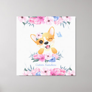 Niedlicher Corgi Hund Blume Wreath Blue Butterfly  Leinwanddruck