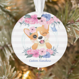 Niedlicher Corgi Hund Blume Wreath Blue Butterfly  Ornament