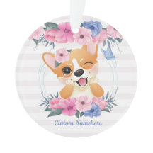 Niedlicher Corgi Hund Blume Wreath Blue Butterfly