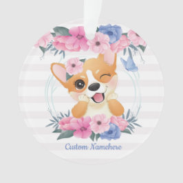 Niedlicher Corgi Hund Blume Wreath Blue Butterfly  Ornament