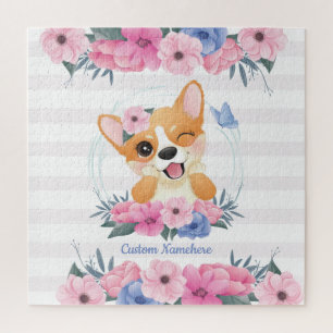 Niedlicher Corgi Hund Blume Wreath Blue Butterfly  Puzzle
