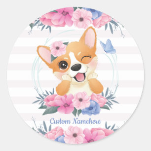 Niedlicher Corgi Hund Blume Wreath Blue Butterfly  Runder Aufkleber