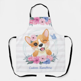 Niedlicher Corgi Hund Blume Wreath Blue Butterfly Schürze