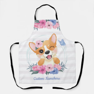 Niedlicher Corgi Hund Blume Wreath Blue Butterfly  Schürze