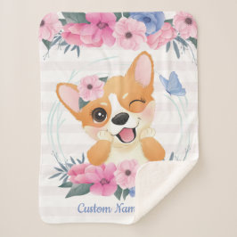 Niedlicher Corgi Hund Blume Wreath Blue Butterfly  Sherpadecke