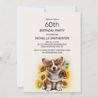 Niedlicher Corgi Hund Sonnenblumen 60. Geburtstag Einladung