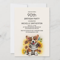Niedlicher Corgi Hund Sonnenblumen 90. Geburtstag