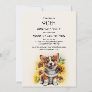 Niedlicher Corgi Hund Sonnenblumen 90. Geburtstag Einladung