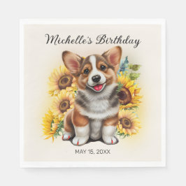 Niedlicher Corgi Hund Sonnenblumen Geburtstag Serviette