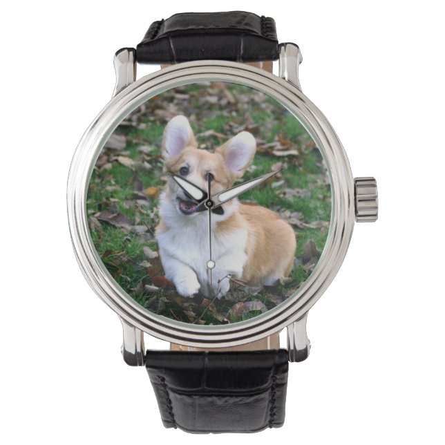 Niedlicher Corgi-Hund springend Armbanduhr (Vorderseite)