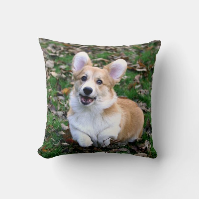 Niedlicher Corgi-Hund springend Kissen (Vorderseite)