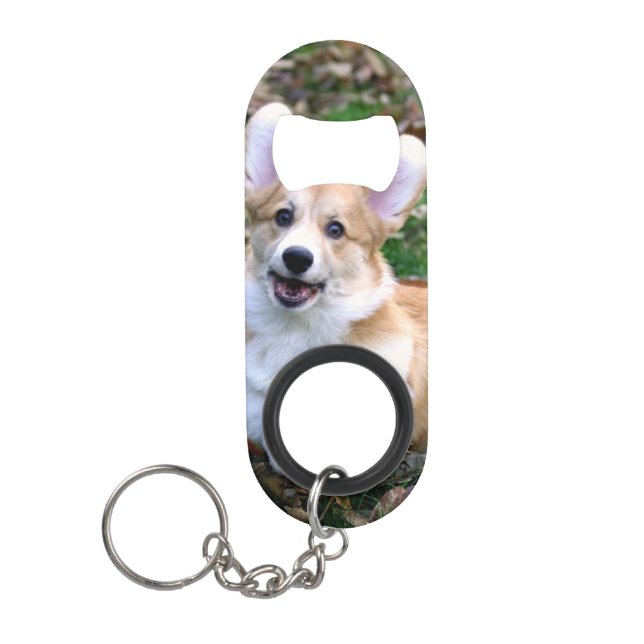Niedlicher Corgi-Hund springend Mini Flaschenöffner (Vorderseite)