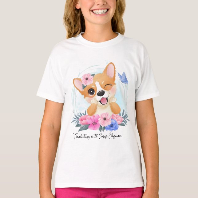 Niedlicher Corgi Hund und Blume T - Shirt (Vorderseite)