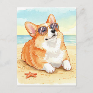 Niedlicher Corgi in Sonnenbrille am Strand Postcar Postkarte