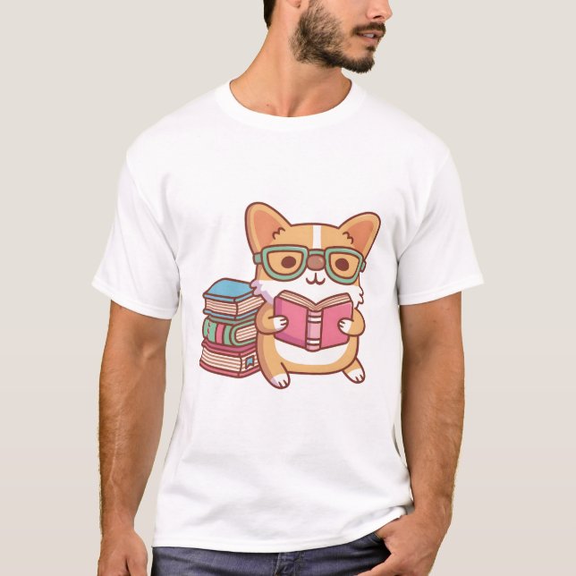 Niedlicher Corgi mit Brillen, die ein Buch lesen T-Shirt (Vorderseite)