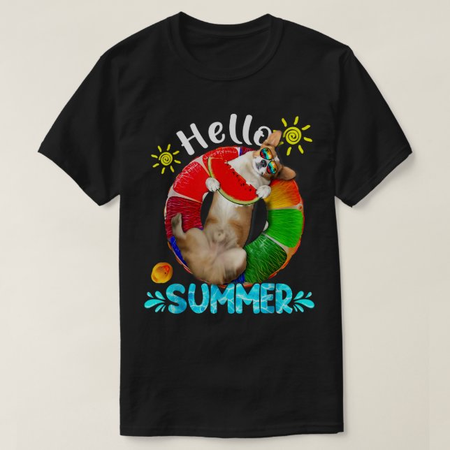 Niedlicher Corgi Swimming Pool Essende Wassermelon T-Shirt (Design vorne)