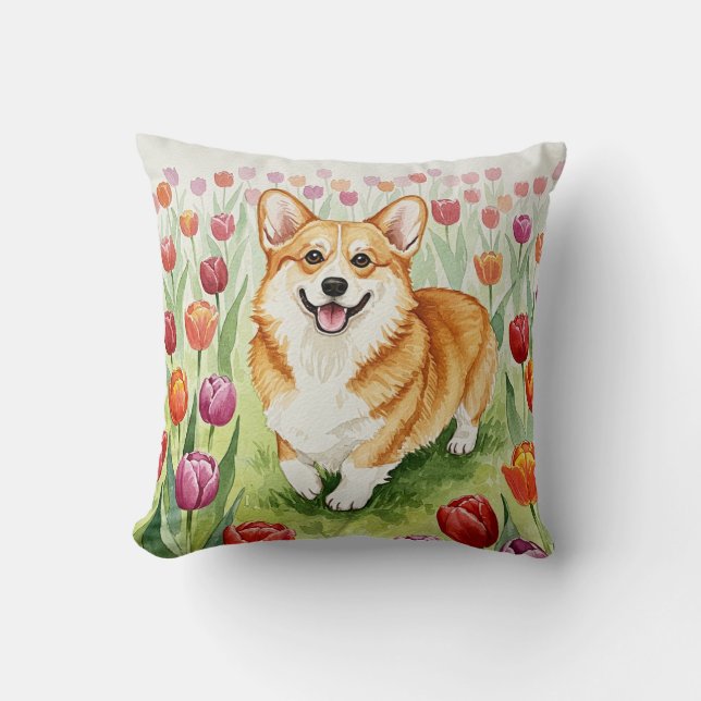 Niedlicher Corgi Tulips Frühlingspilz Kissen (Vorderseite)