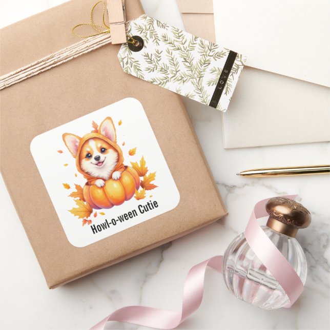 Niedlicher Corgi-Welpe in Pumpkin-Kostüm Halloween Quadratischer Aufkleber (Schenken)