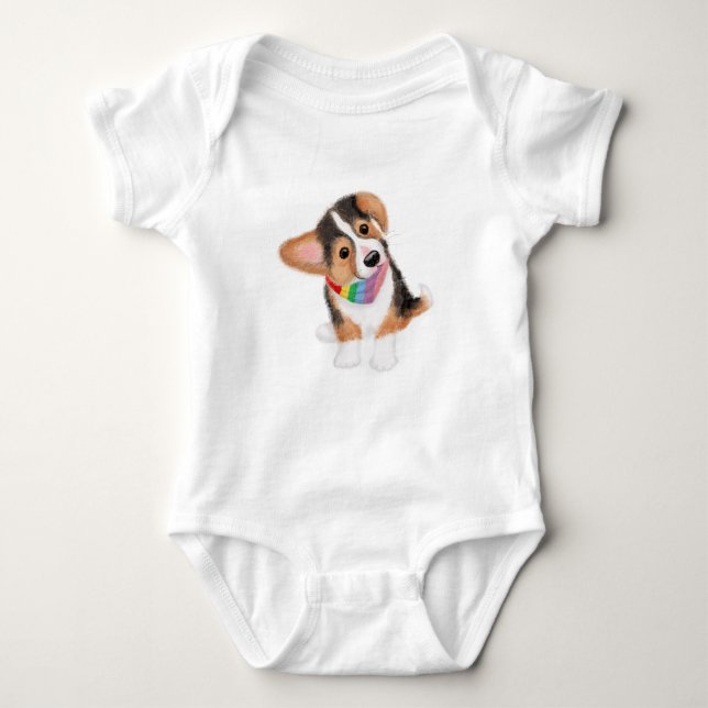 Niedlicher Corgi-Welpe in Regenbogenbandana-Babybo Baby Strampler (Vorderseite)