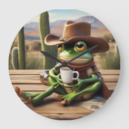 Niedlicher Cowboy Frosch mit Kaffeemaschine Große Wanduhr