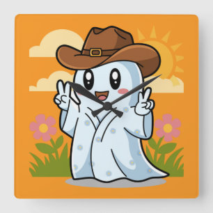Niedlicher Cowboy-Geist zu Halloween-Fun-Dekoratio Quadratische Wanduhr