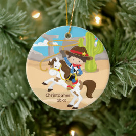 Niedlicher Cowboy Horseback Junge Weihnachtsschmuc Keramik Ornament