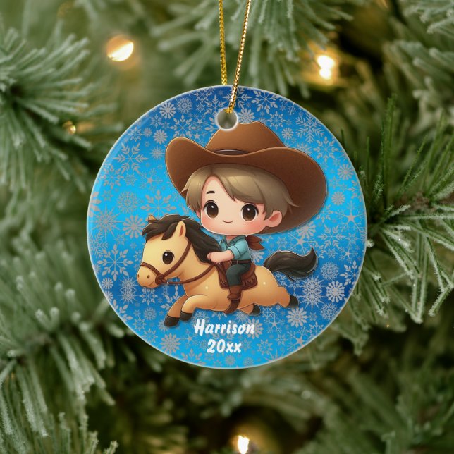 Niedlicher Cowboy-Western Keramik Ornament (Baum)