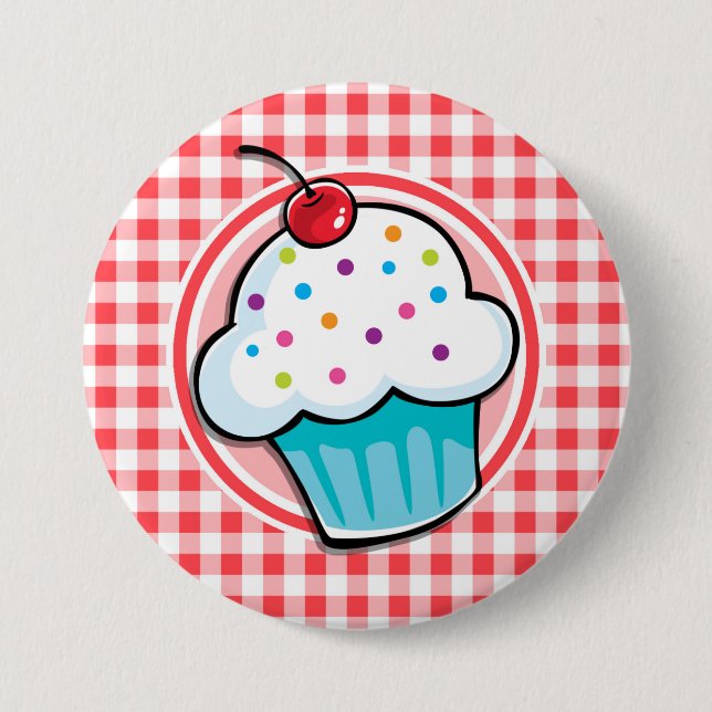 Niedlicher Cupcake auf Rot und Weiß Gingham Button (Vorderseite)