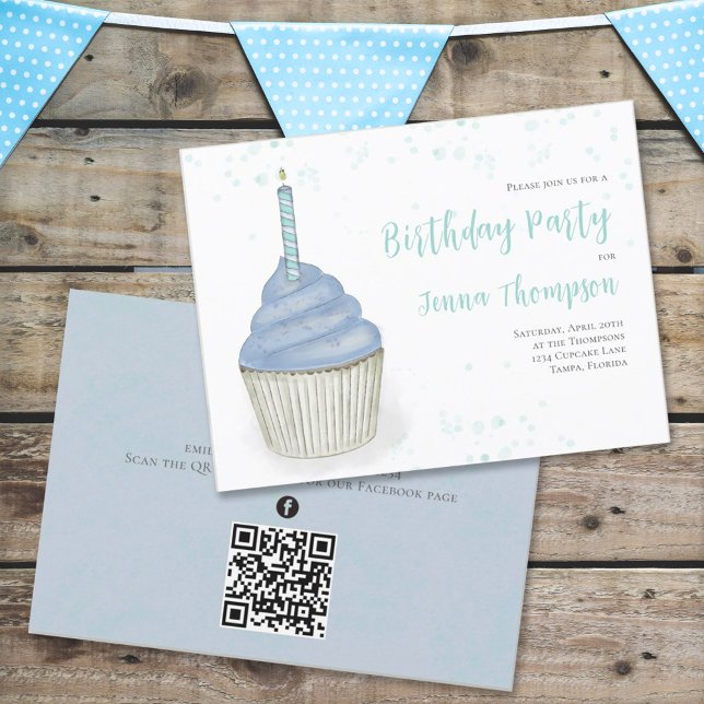 Niedlicher Cupcake Blue QR Code Social Media Einfa Einladung (Von Creator hochgeladen)