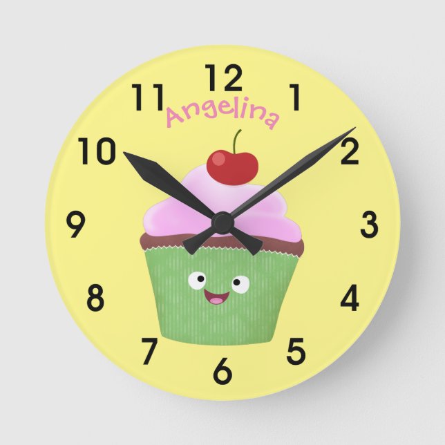 Niedlicher Cupcake Cartoon Runde Wanduhr (Vorderseite)