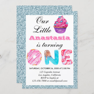 Niedlicher Cupcake Light Blue Glitzer 1. Geburtsta Einladung