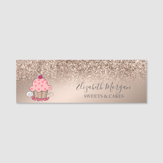 Niedlicher Cupcake, Rose Gold Glitzer Namensschild (Vorderseite)