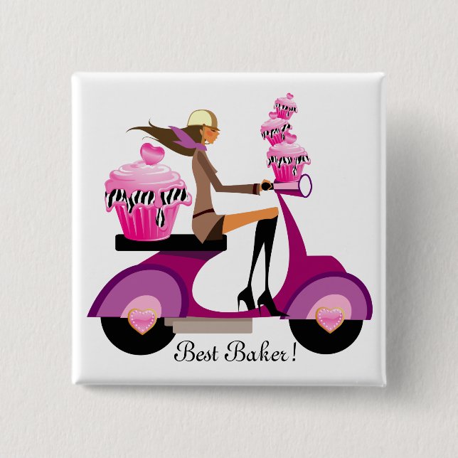 Niedlicher Cupcake Scooter Girl Button Pink Zebra (Vorderseite)