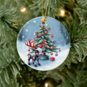 Niedlicher Cyberpunk-Rentier mit Weihnachtsbaum Keramik Ornament