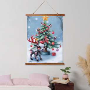 Niedlicher Cyberpunk-Rentier mit Weihnachtsbaum Wandteppich Mit Holzrahmen